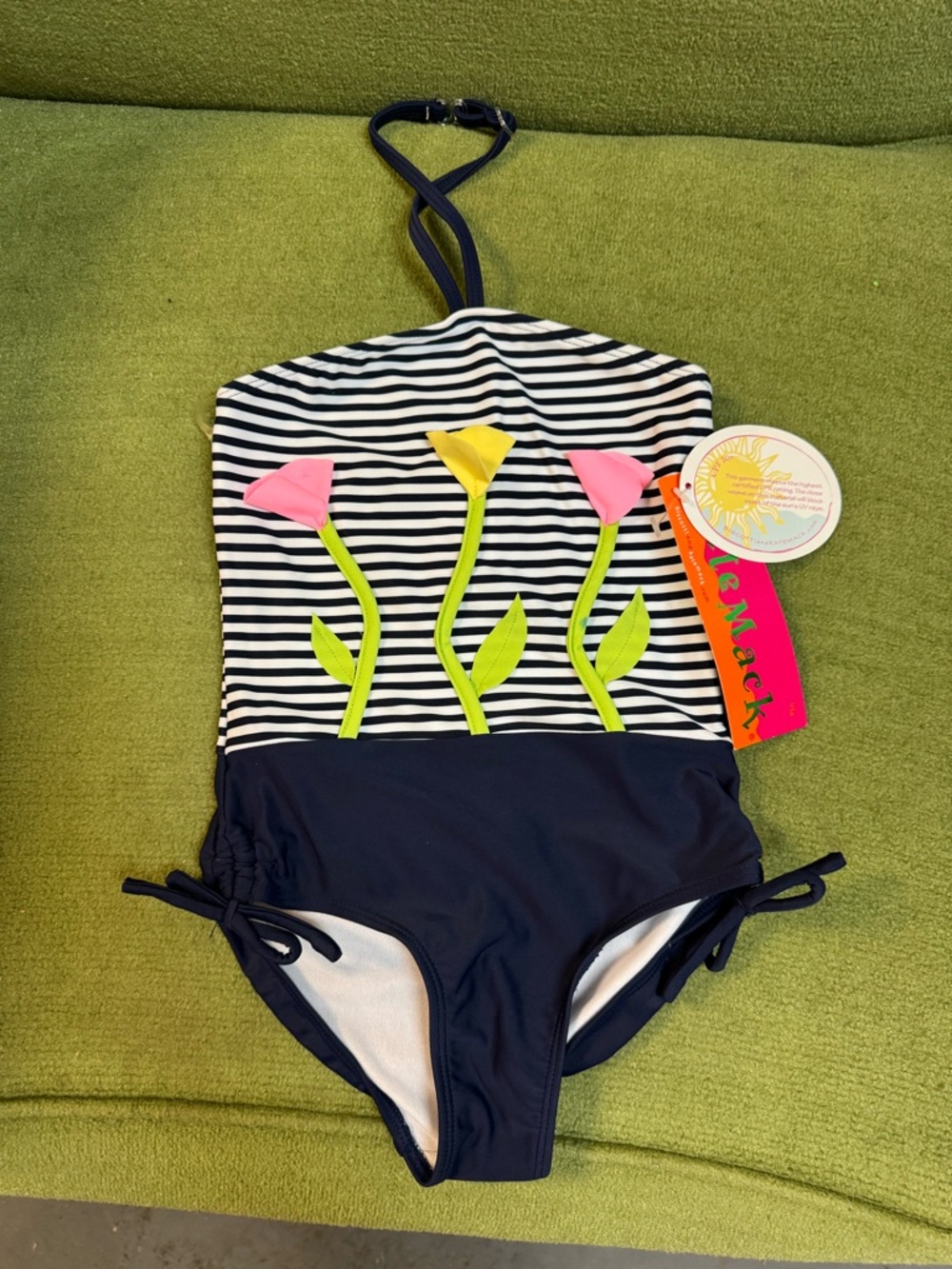 Kate Mack Navy & White Stripe One-Piece with Neon Floral Appliqués